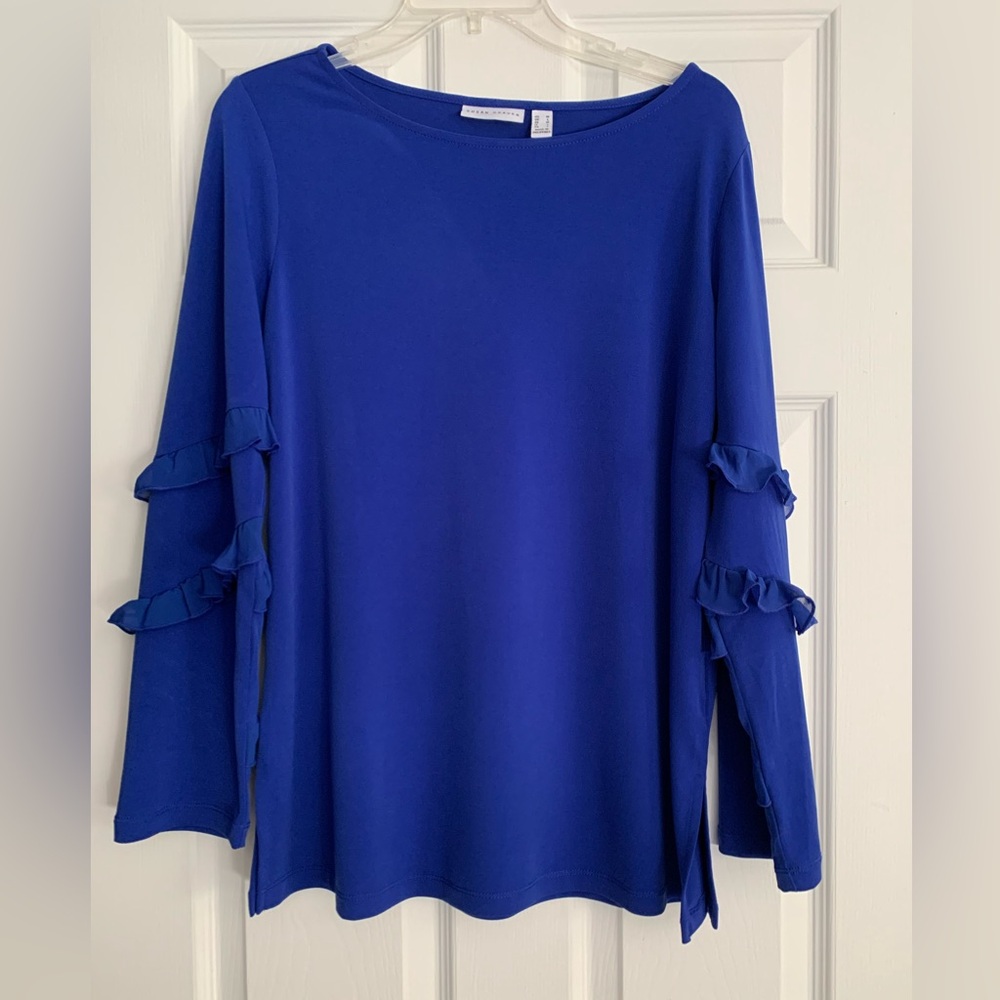 Susan Graver Womens Long Sleeve  Pullover Stretch Blue Ruffle Sleeve Size M
